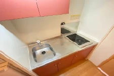 寮のミニキッチン。ステンレスのシンクと二口IHクッキングヒーターが設置され、キャビネットはピンクと赤茶色の配色。