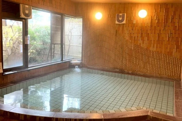 大きな窓から外の景色が見える、タイル張りの清潔感のある屋内浴場。壁は温かみのあるレンガ調。