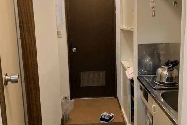 家庭内と思われる廊下を写した画像。廊下は暖かく、よく照らされており、奥には閉じたドアが見えます。左側には収納スペースや棚の木製部分が、右側にはキッチンやダイニングエリアの一部が写っています。