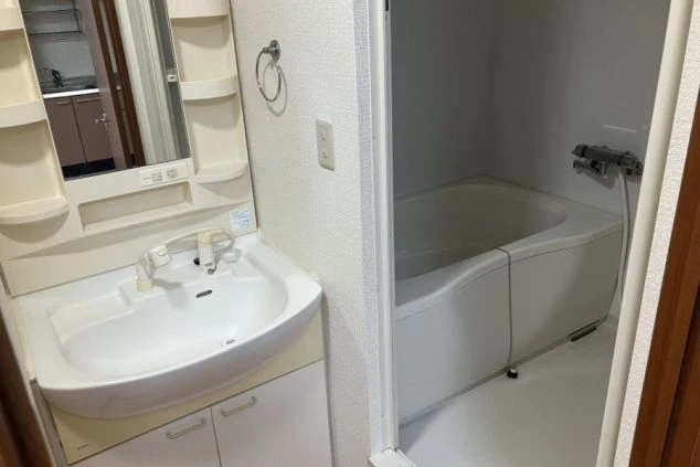 リゾートバイトの完全個室寮の水回りの画像。洗面台・風呂がある。