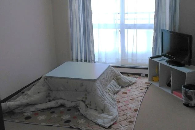 リゾートバイト寮の部屋。コタツとテレビが備え付けられた、冬でも快適に過ごせる寮設備。