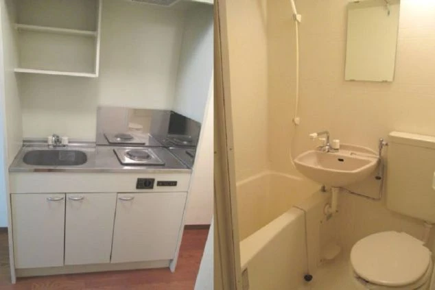 リゾートバイト寮にあるキッチン。自炊可能なコンロとシンクが備え付けられた寮設備。