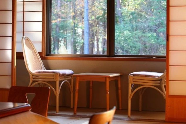 窓から森の緑が見える旅館の客室。自然の中でリフレッシュしながら働けます。