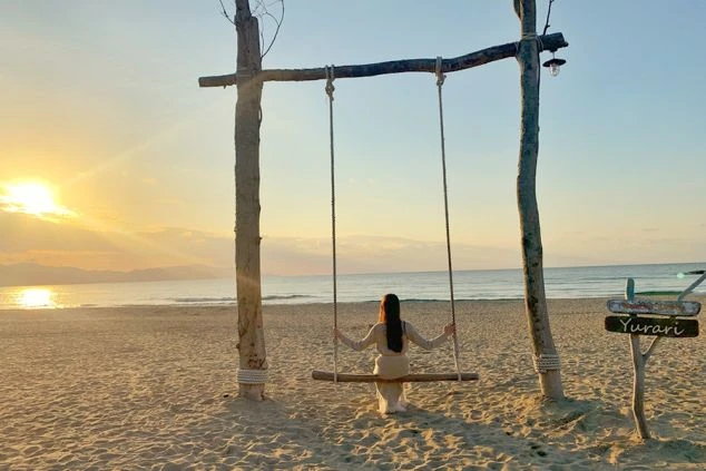 夕日と海をバックにビーチで木製のブランコに乗っている女性の後ろ姿