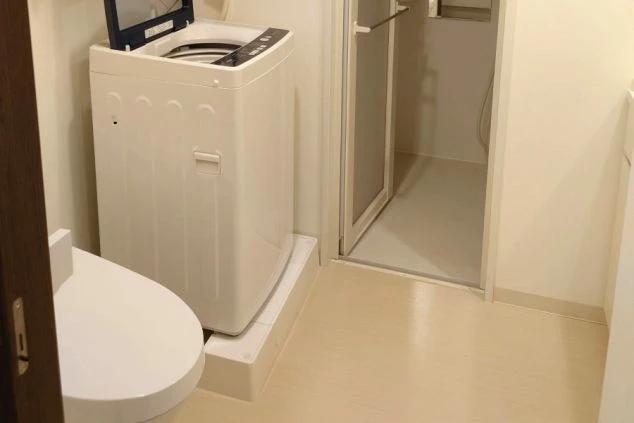 居室内の洗濯機置場とシャワールームへの入り口。右奥にトイレの一部が見える。