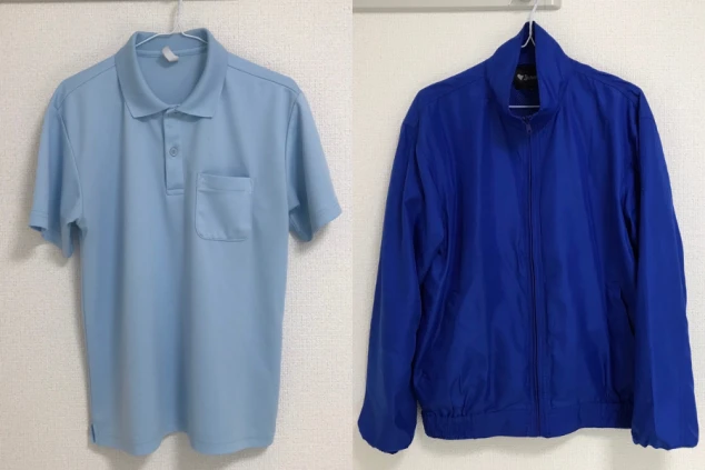 客室清掃スタッフ用の制服画像。水色のポロシャツと、ブルーのブルゾン。