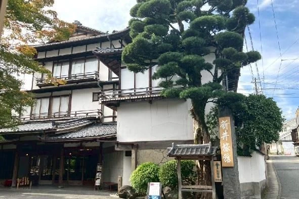 伝統的な日本家屋の造りで、立派な松の木が特徴的な旅館の外観。