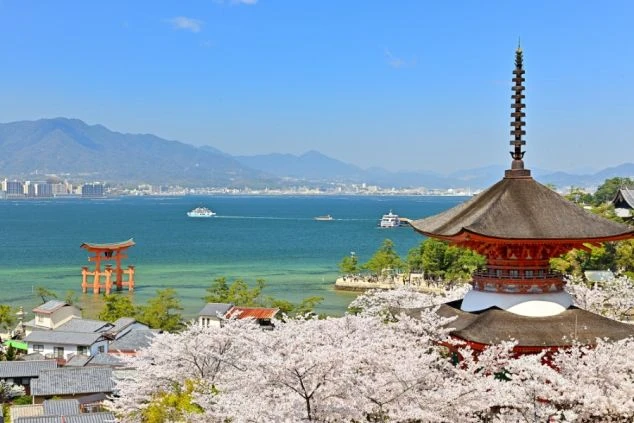 満開の桜越しに、瀬戸内海に浮かぶ厳島神社の鳥居と五重塔を望む絶景。