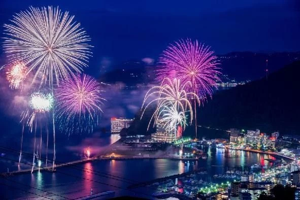 煌めく夜景を背景に、色とりどりの花火が打ち上がる熱海海上花火大会。