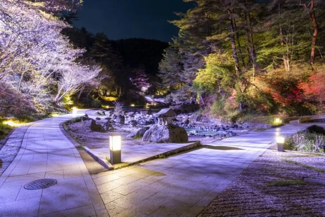 夜間に紫とオレンジの光でライトアップされた群馬県草津温泉の湯畑の画像。