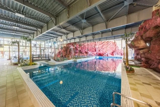 岩場やヤシの木のアートに囲まれた、青いモザイクタイル張りの屋内温水プール。