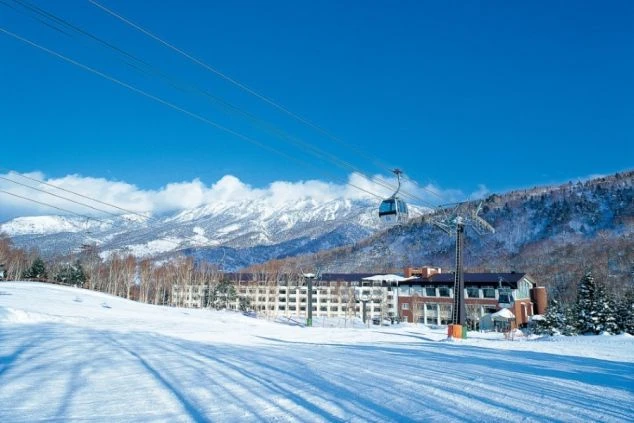 雪山の斜面を登るゴンドラと、雪景色に佇むスキー場のリゾートホテルの画像。