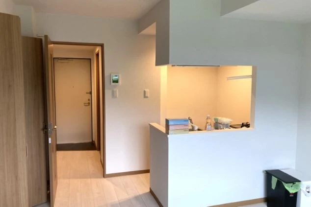 玄関から続く廊下の奥に、白壁の部屋とカウンター式の小さなキッチンが見える。