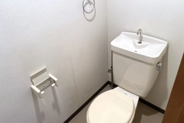 白い壁と床のトイレ。手洗い付きのロータンクと、白い便器、トイレットペーパーホルダーがある。