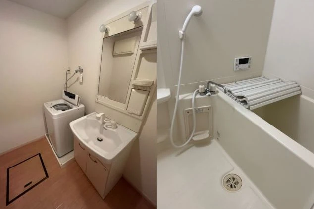 個室内に設置された専用の洗濯機、独立洗面台、ゆったりとした浴槽。完全プライベートな水回り設備で、毎日の生活が快適な住み込み求人。