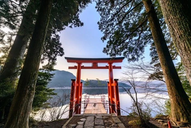 高い木々に囲まれた参道の先に立つ大きな朱色の鳥居。その向こうには穏やかな湖面と対岸の山々が広がっている。