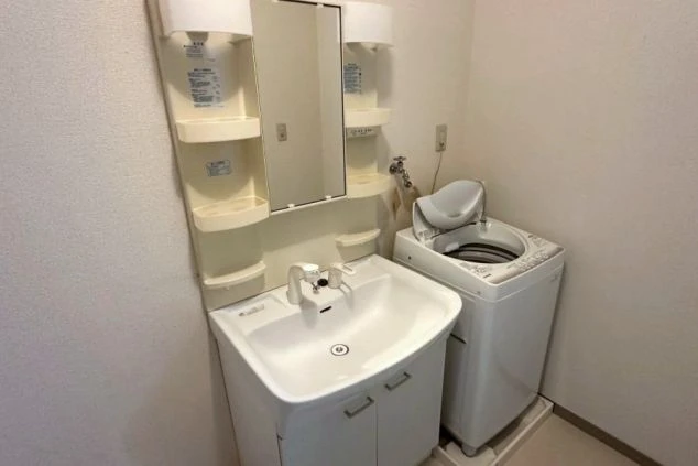 個室内に設置された、鏡付きの独立洗面台と全自動洗濯機の画像。