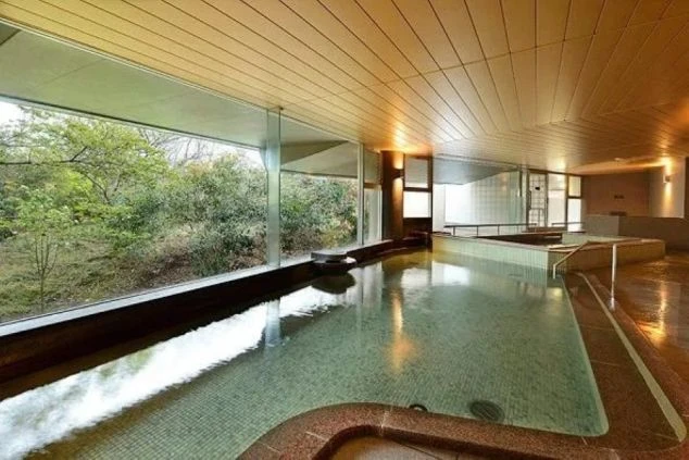 大きな窓から鮮やかな緑の木々を眺めることができる、広々とした清潔感のある屋内大浴場。