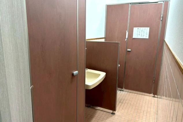 木目調の仕切りがある共用トイレ。手前には洗面台があり、奥には個室のドアが並んでいる。壁は薄いピンク色のタイル貼り。