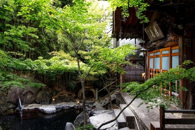 青々とした木々に囲まれた、情緒あふれる日本庭園と露天風呂の画像。