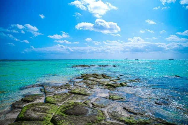 久米島・奥武島の海岸に広がる奇岩群「畳石」と透き通る青い海。自然の神秘を感じられる、沖縄・離島エリアのリゾートバイト勤務地。