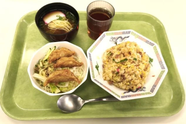 緑色のトレイに乗せられた食事。チャーハン、ラーメン、餃子、サラダ、そして飲み物がある。