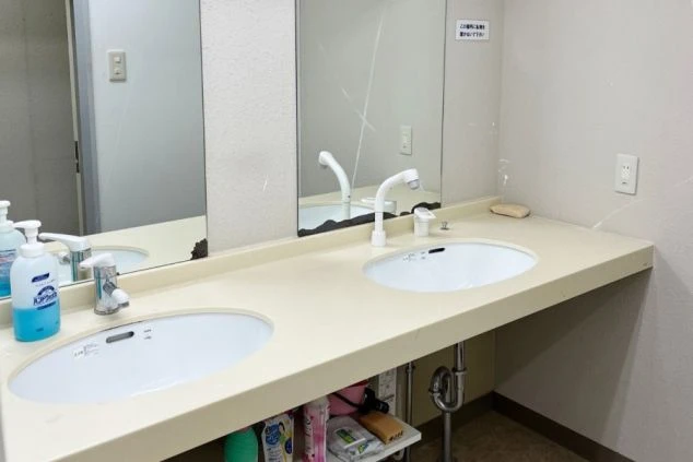 共用スペースの洗面台。広いカウンターに白い洗面ボウルが2つ並び、正面には大きな鏡が設置されている。足元には清掃用品や備品が整理して置かれている。