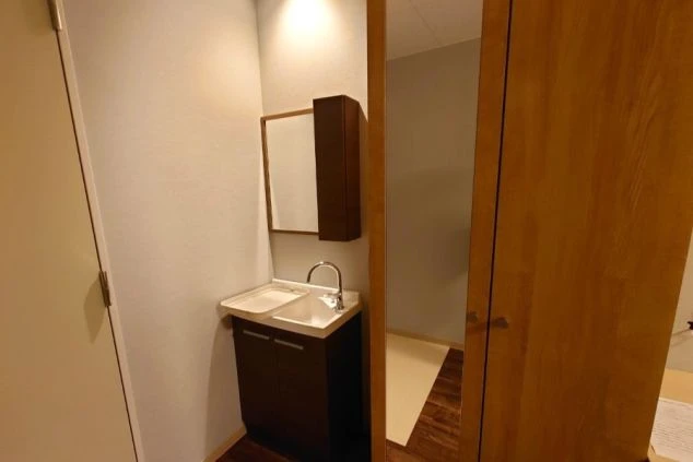 リゾートバイトのキレイな館内個室寮の部屋にある洗面台の画像。洗面台の右側には全身鏡付きのクローゼットがある。