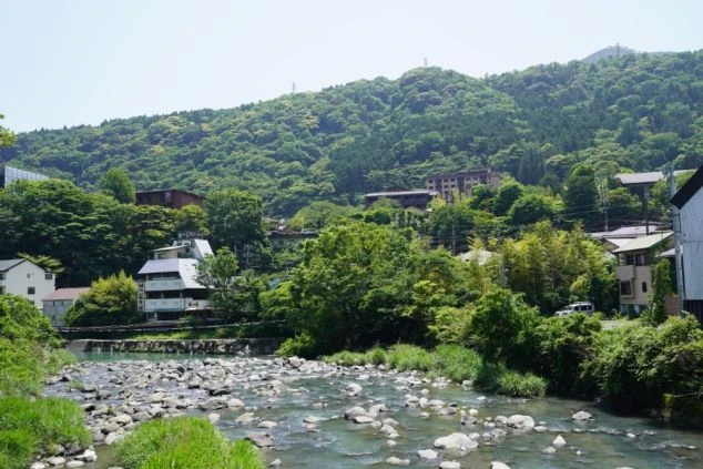 旅館周辺の豊かな自然環境。清らかな川の流れと緑深い山々に囲まれた温泉地で、リゾートバイトの休日も自然の中でリフレッシュできる風景