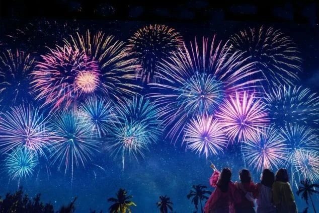 ピンクや青の大きな花火が夜空いっぱいに広がり、ヤシの木のシルエット越しに指を差して感動する女性たちの後ろ姿。ワクトリで叶える、夏のリゾートバイトの思い出に残る美しい夜の光景です。